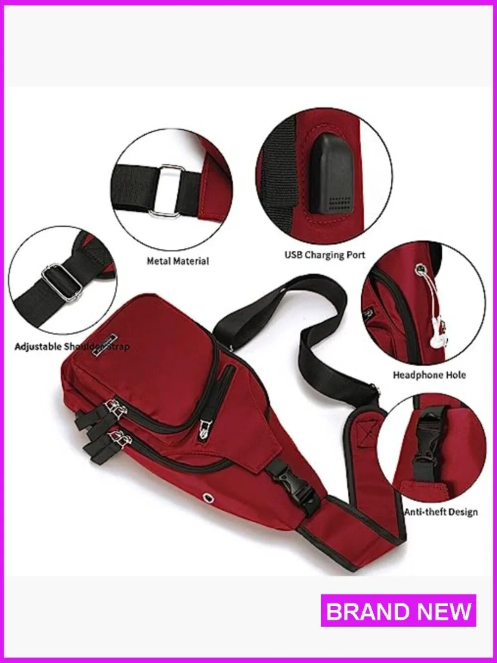 Sling Backpack Water Resistant Nylon Crossbody Shoulder Bag USB Charging Port